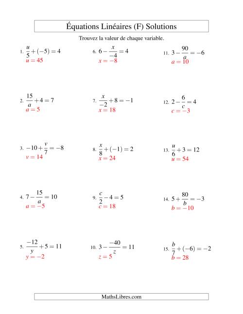 Résolution d'Équations Linéaires (Incluant Valeurs Négatives) -- Forme x/a ± b = c (F) page 2