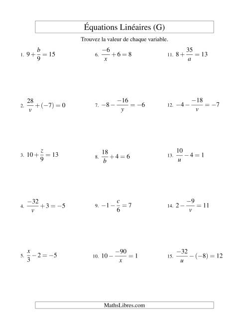 Résolution d'Équations Linéaires (Incluant Valeurs Négatives) -- Forme x/a ± b = c (G)