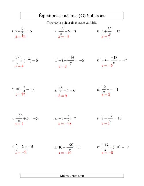 Résolution d'Équations Linéaires (Incluant Valeurs Négatives) -- Forme x/a ± b = c (G) page 2