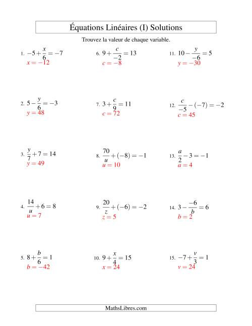 Résolution d'Équations Linéaires (Incluant Valeurs Négatives) -- Forme x/a ± b = c (I) page 2