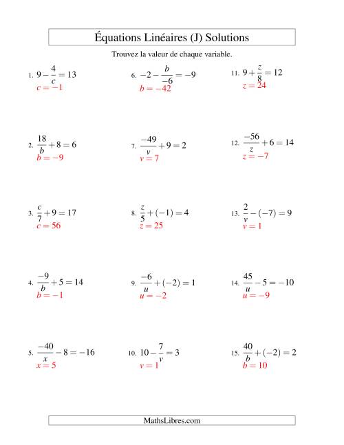 Résolution d'Équations Linéaires (Incluant Valeurs Négatives) -- Forme x/a ± b = c (J) page 2