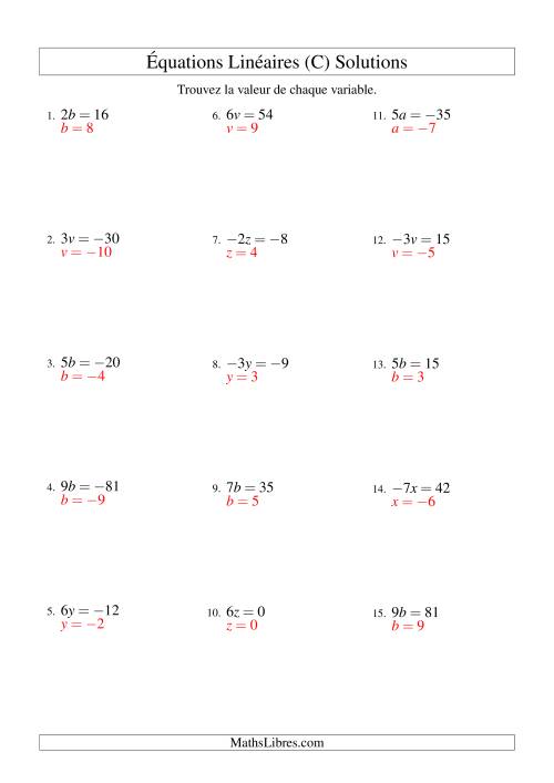 Résolution d'Équations Linéaires (Incluant Valeurs Négatives) -- Forme ax = c (C) page 2