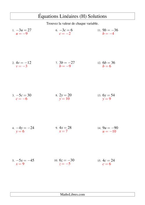 Résolution d'Équations Linéaires (Incluant Valeurs Négatives) -- Forme ax = c (H) page 2