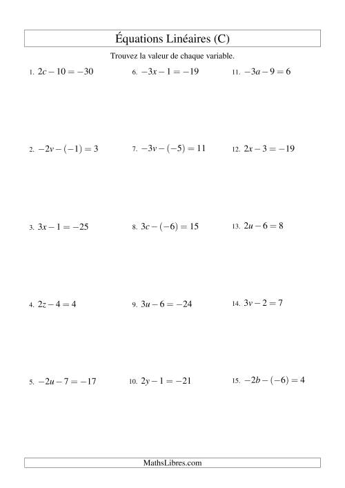 Résolution d'Équations Linéaires (Incluant Valeurs Négatives) -- Forme ax - b = c (C)