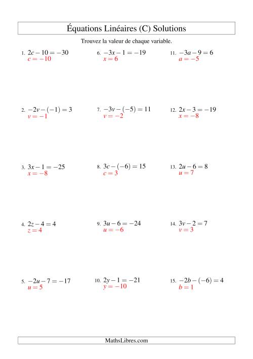 Résolution d'Équations Linéaires (Incluant Valeurs Négatives) -- Forme ax - b = c (C) page 2