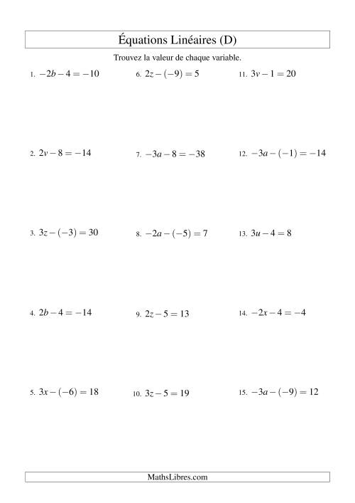 Résolution d'Équations Linéaires (Incluant Valeurs Négatives) -- Forme ax - b = c (D)
