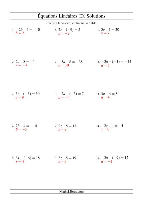 Résolution d'Équations Linéaires (Incluant Valeurs Négatives) -- Forme ax - b = c (D) page 2