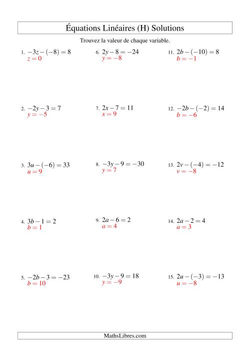 Résolution d'Équations Linéaires (Incluant Valeurs Négatives) -- Forme ax - b = c (H) page 2