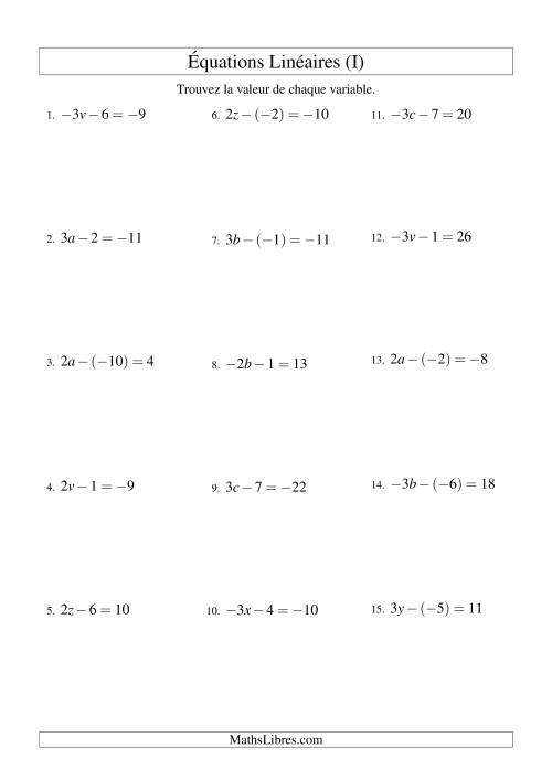 Résolution d'Équations Linéaires (Incluant Valeurs Négatives) -- Forme ax - b = c (I)
