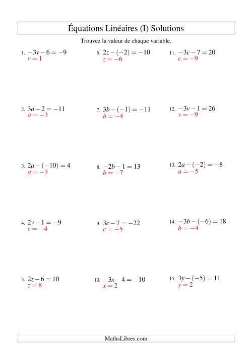 Résolution d'Équations Linéaires (Incluant Valeurs Négatives) -- Forme ax - b = c (I) page 2