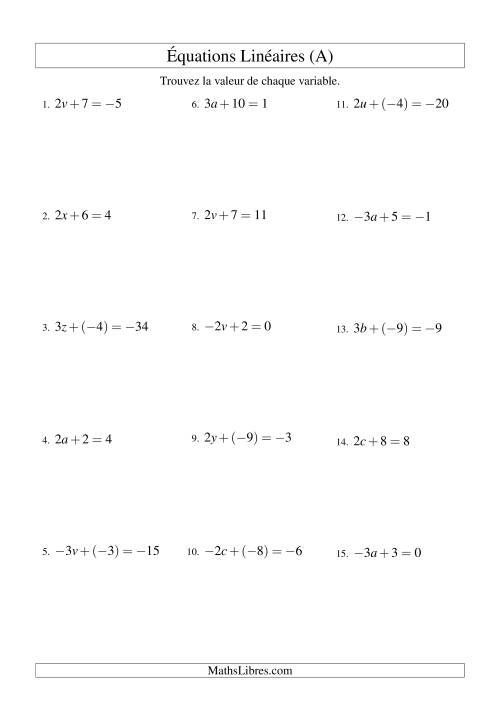 Résolution d'Équations Linéaires (Incluant Valeurs Négatives) -- Forme ax + b = c (A)