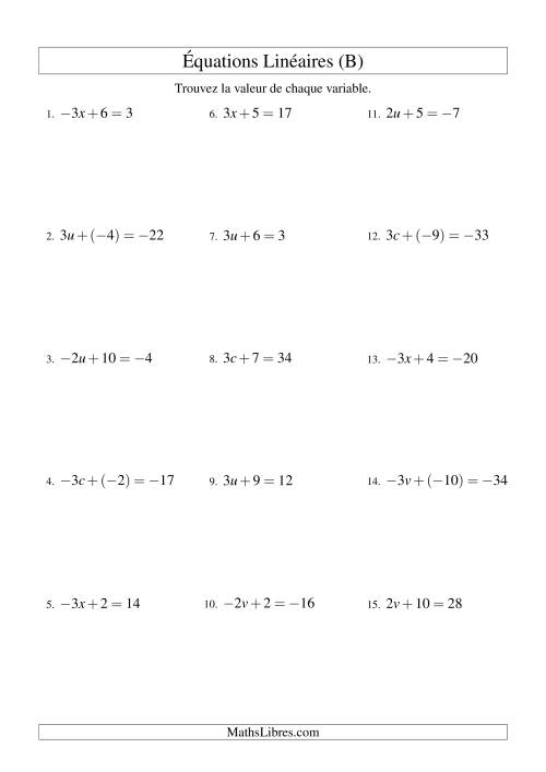 Résolution d'Équations Linéaires (Incluant Valeurs Négatives) -- Forme ax + b = c (B)