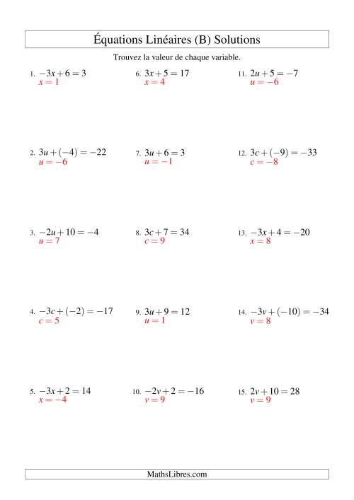 Résolution d'Équations Linéaires (Incluant Valeurs Négatives) -- Forme ax + b = c (B) page 2