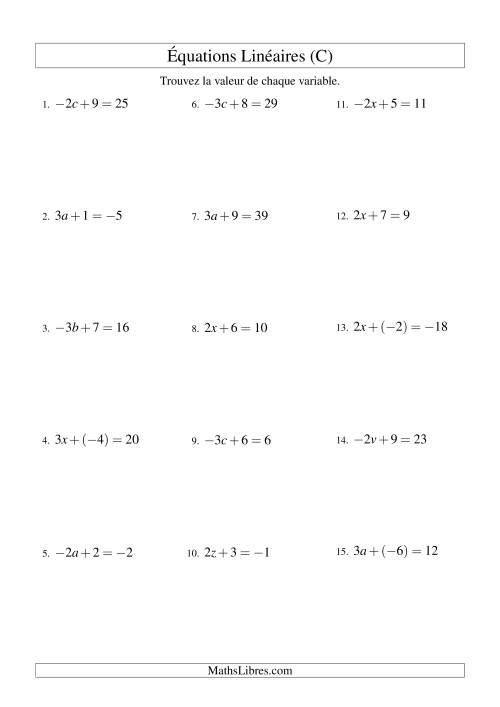 Résolution d'Équations Linéaires (Incluant Valeurs Négatives) -- Forme ax + b = c (C)