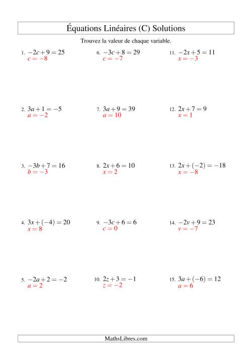 Résolution d'Équations Linéaires (Incluant Valeurs Négatives) -- Forme ax + b = c (C) page 2