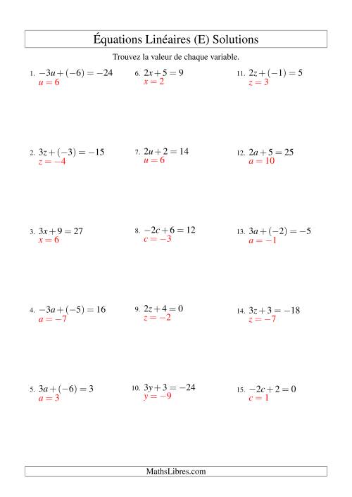 Résolution d'Équations Linéaires (Incluant Valeurs Négatives) -- Forme ax + b = c (E) page 2