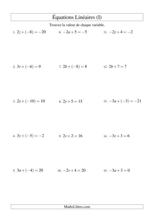 Résolution d'Équations Linéaires (Incluant Valeurs Négatives) -- Forme ax + b = c (I)
