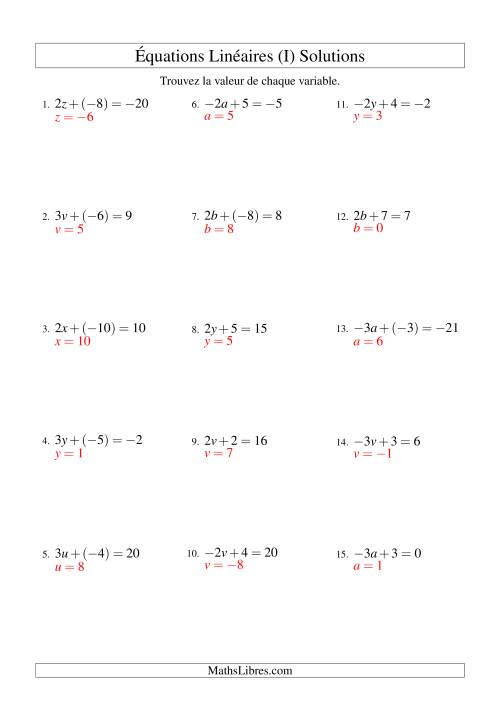 Résolution d'Équations Linéaires (Incluant Valeurs Négatives) -- Forme ax + b = c (I) page 2