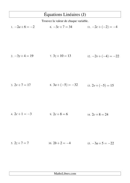 Résolution d'Équations Linéaires (Incluant Valeurs Négatives) -- Forme ax + b = c (J)