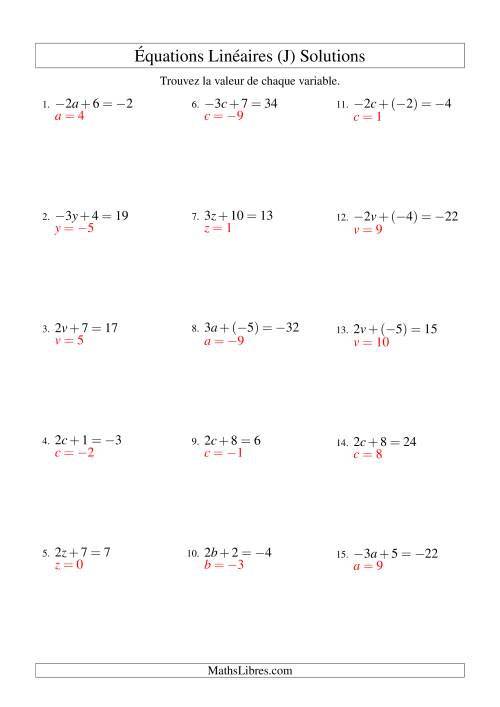 Résolution d'Équations Linéaires (Incluant Valeurs Négatives) -- Forme ax + b = c (J) page 2