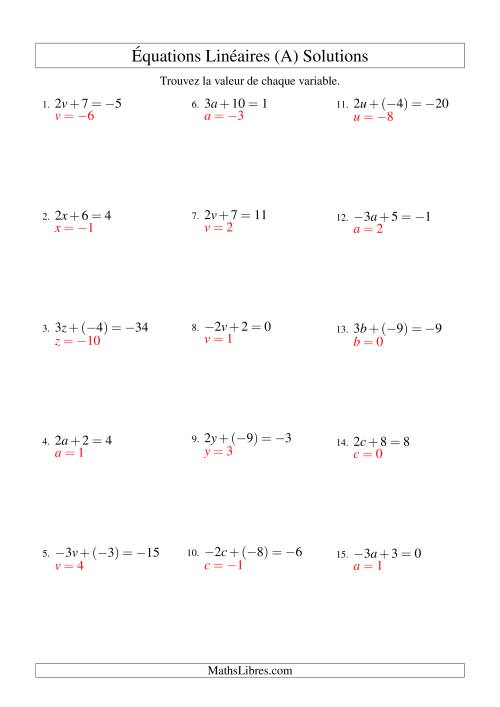 Résolution d'Équations Linéaires (Incluant Valeurs Négatives) -- Forme ax + b = c (Tout) page 2