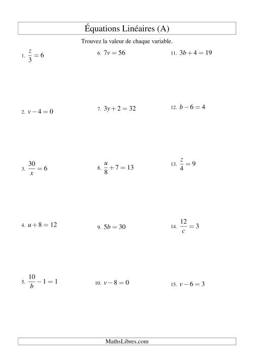 Résolution d'Équations Linéaires -- Forme ax + b = c Toutes Variations (A)