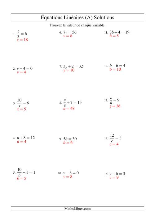 Résolution d'Équations Linéaires -- Forme ax + b = c Toutes Variations (A) page 2