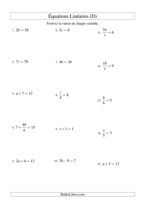 Résolution d'Équations Linéaires -- Forme ax + b = c Toutes Variations (D)