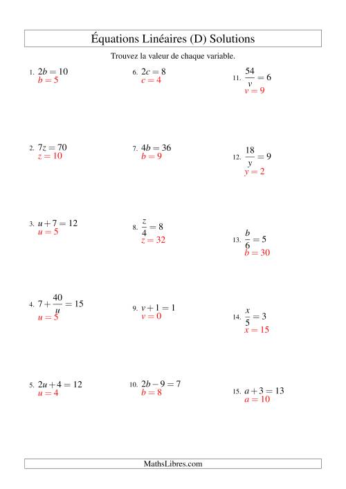 Résolution d'Équations Linéaires -- Forme ax + b = c Toutes Variations (D) page 2