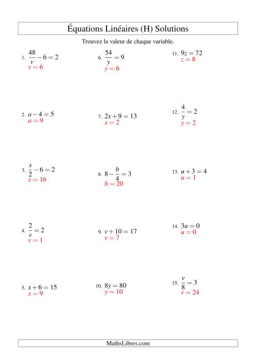 Résolution d'Équations Linéaires -- Forme ax + b = c Toutes Variations (H) page 2