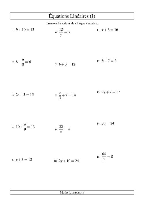 Résolution d'Équations Linéaires -- Forme ax + b = c Toutes Variations (J)