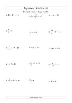 Résolution d'Équations Linéaires (Incluant Valeurs Négatives) -- Forme ax + b = c Toutes Variations