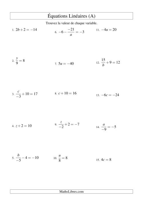Résolution d'Équations Linéaires (Incluant Valeurs Négatives) -- Forme ax + b = c Toutes Variations (A)