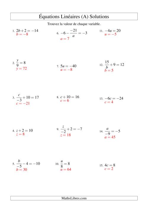 Résolution d'Équations Linéaires (Incluant Valeurs Négatives) -- Forme ax + b = c Toutes Variations (A) page 2
