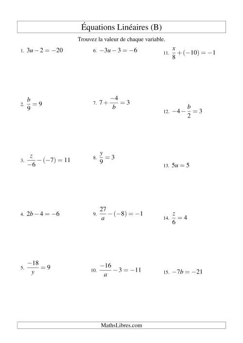 Résolution d'Équations Linéaires (Incluant Valeurs Négatives) -- Forme ax + b = c Toutes Variations (B)