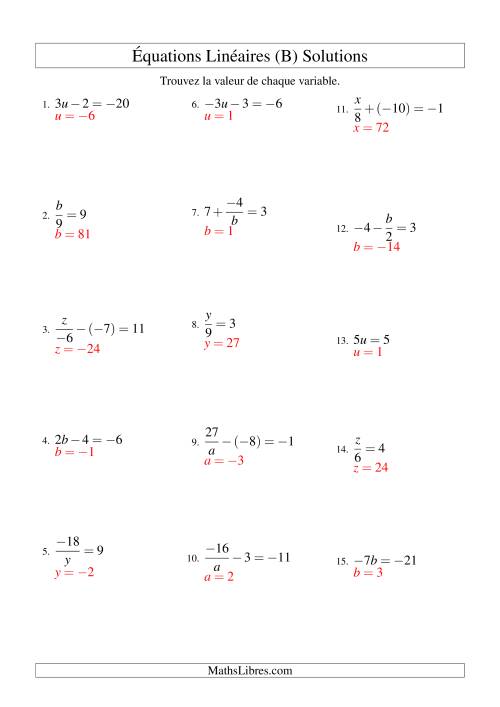 Résolution d'Équations Linéaires (Incluant Valeurs Négatives) -- Forme ax + b = c Toutes Variations (B) page 2