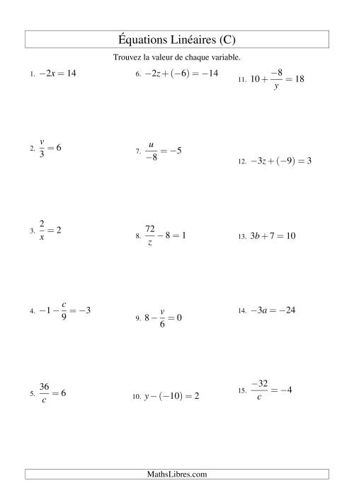 Résolution d'Équations Linéaires (Incluant Valeurs Négatives) -- Forme ax + b = c Toutes Variations (C)