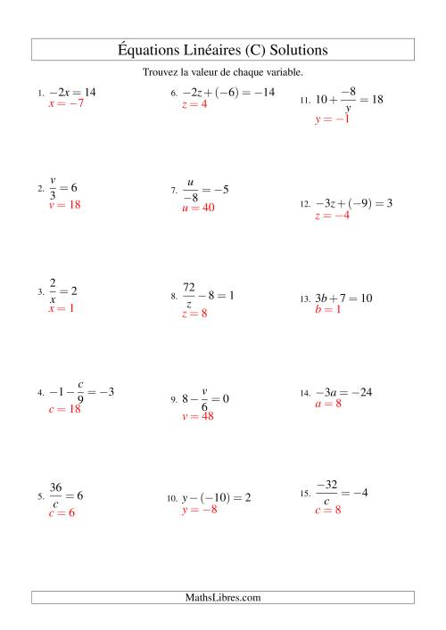 Résolution d'Équations Linéaires (Incluant Valeurs Négatives) -- Forme ax + b = c Toutes Variations (C) page 2