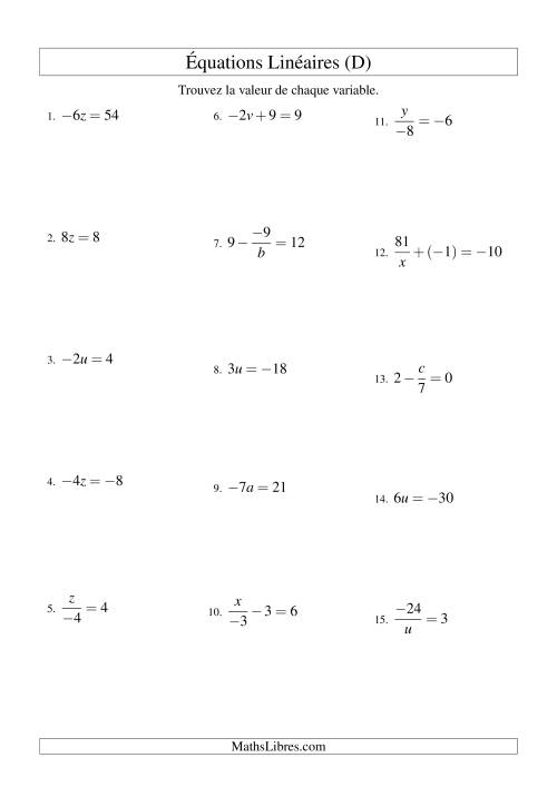 Résolution d'Équations Linéaires (Incluant Valeurs Négatives) -- Forme ax + b = c Toutes Variations (D)