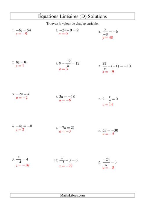 Résolution d'Équations Linéaires (Incluant Valeurs Négatives) -- Forme ax + b = c Toutes Variations (D) page 2