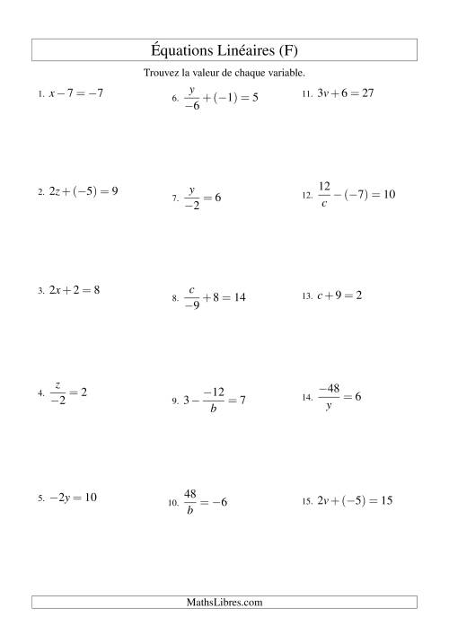 Résolution d'Équations Linéaires (Incluant Valeurs Négatives) -- Forme ax + b = c Toutes Variations (F)