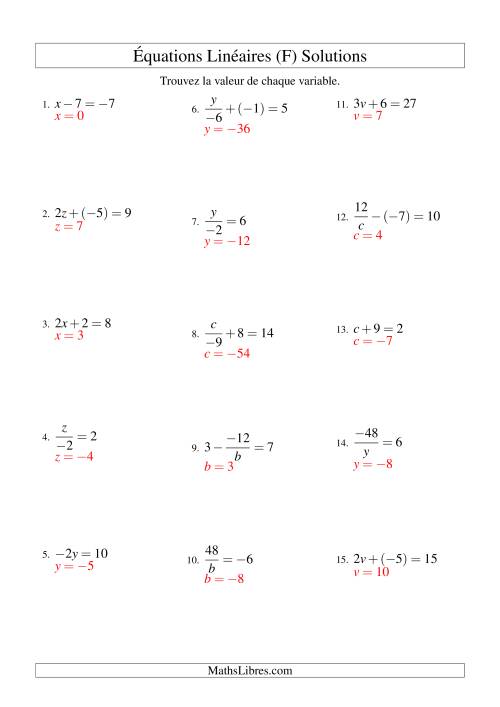 Résolution d'Équations Linéaires (Incluant Valeurs Négatives) -- Forme ax + b = c Toutes Variations (F) page 2