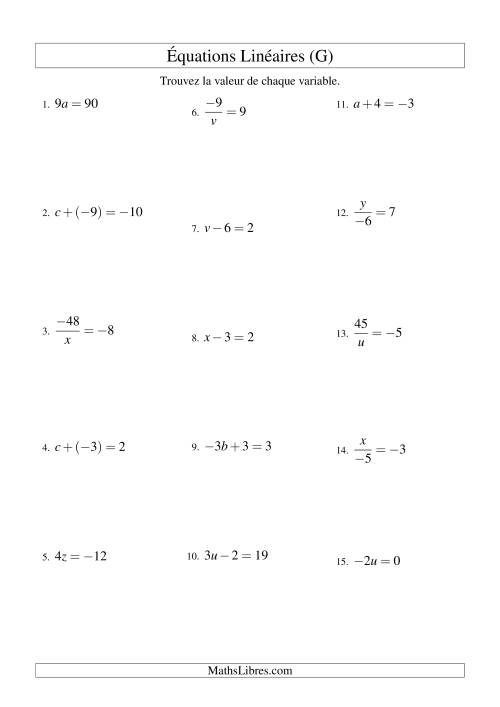 Résolution d'Équations Linéaires (Incluant Valeurs Négatives) -- Forme ax + b = c Toutes Variations (G)