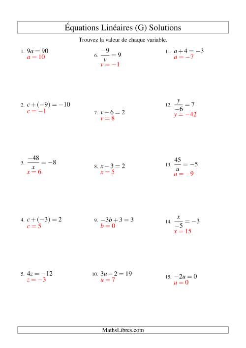 Résolution d'Équations Linéaires (Incluant Valeurs Négatives) -- Forme ax + b = c Toutes Variations (G) page 2