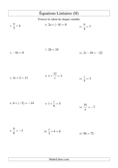 Résolution d'Équations Linéaires (Incluant Valeurs Négatives) -- Forme ax + b = c Toutes Variations (H)