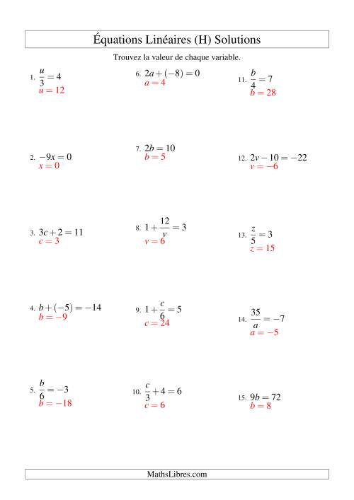 Résolution d'Équations Linéaires (Incluant Valeurs Négatives) -- Forme ax + b = c Toutes Variations (H) page 2