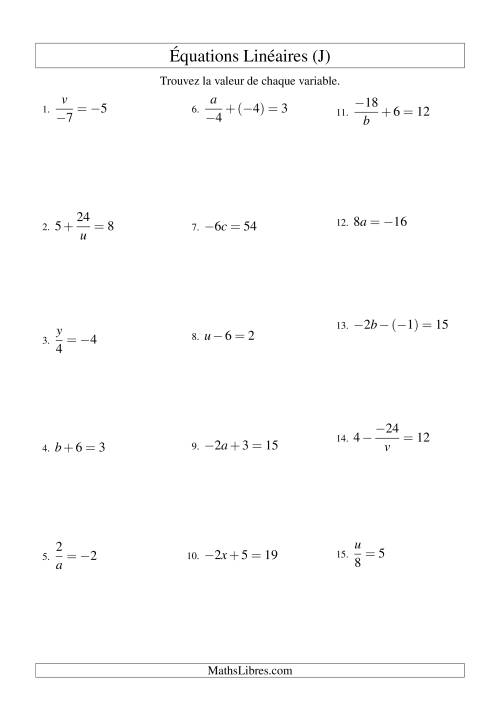 Résolution d'Équations Linéaires (Incluant Valeurs Négatives) -- Forme ax + b = c Toutes Variations (J)