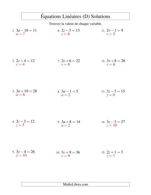 Résolution d'Équations Linéaires -- Forme ax ± b = c (D) page 2