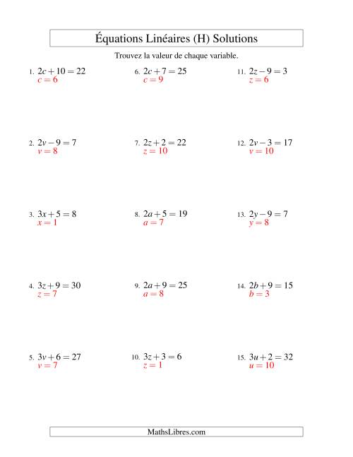 Résolution d'Équations Linéaires -- Forme ax ± b = c (H) page 2