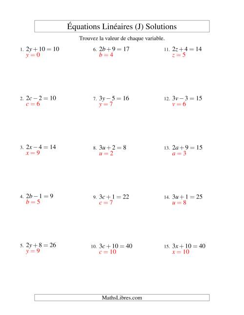 Résolution d'Équations Linéaires -- Forme ax ± b = c (J) page 2